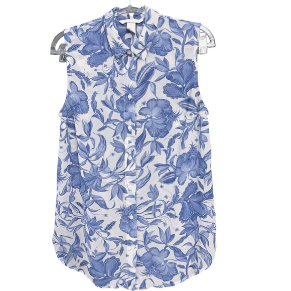 Tops - H&M Womens 2 Blue White Floral Sleeveless Button Front Blouse Sheer
